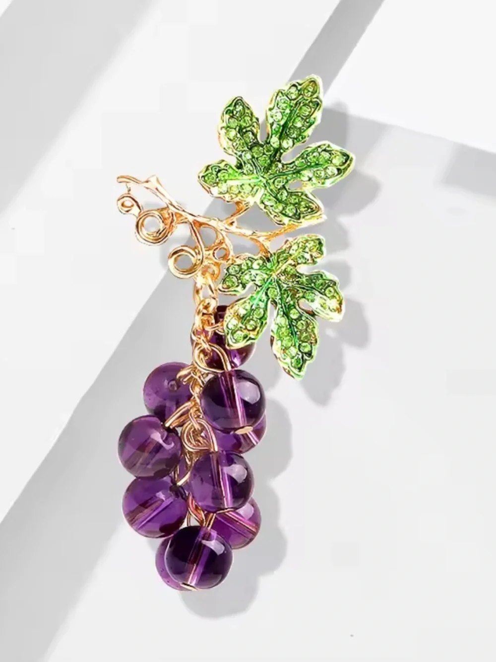 Purple  Grape Bead Cluster Crystal Leaves Brooch